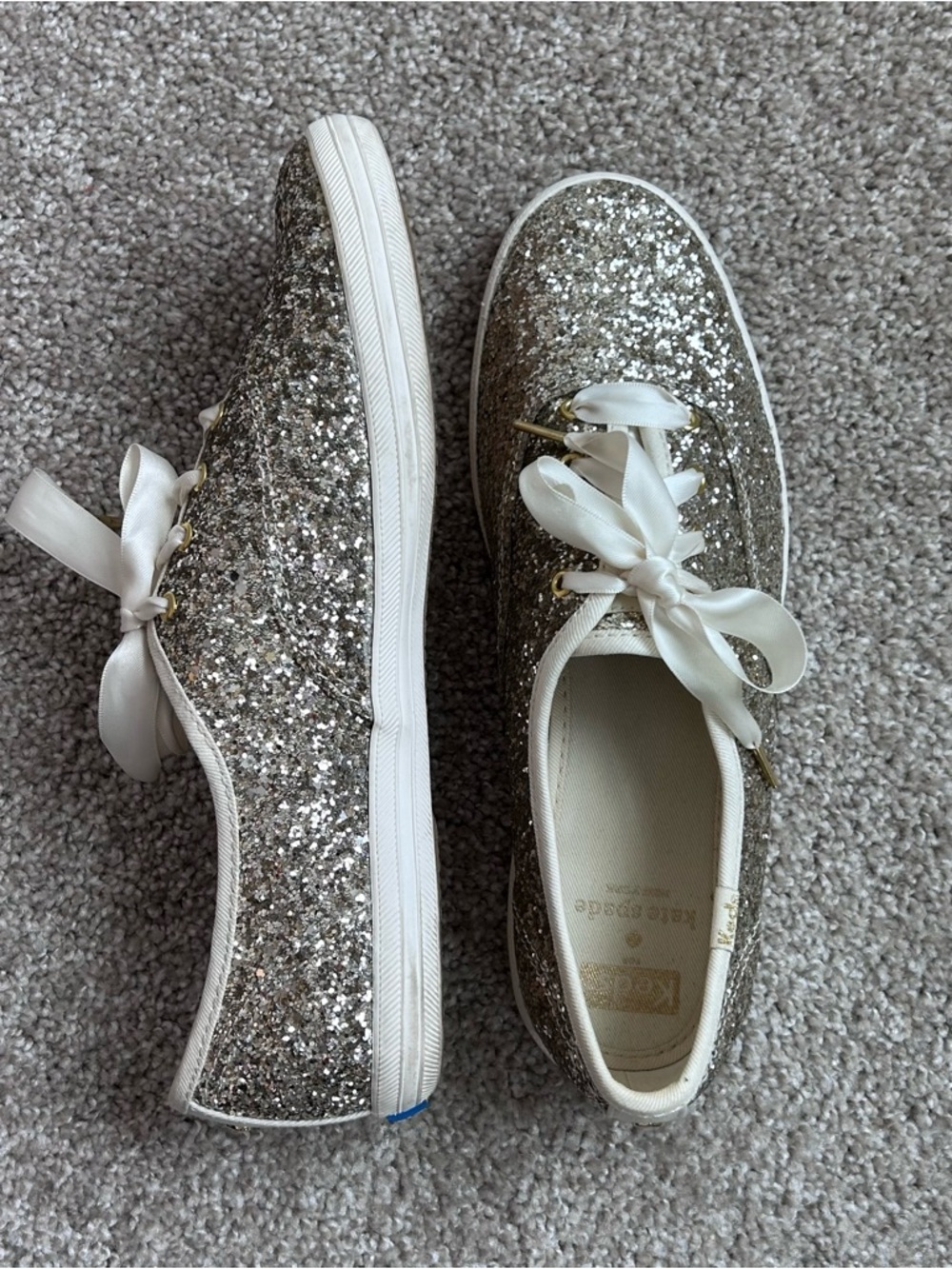 Keds x Kate Spade Glitter Sneakers Womens Size 8 Champagne Silver Ribbon Laces - Picture 7 of 12